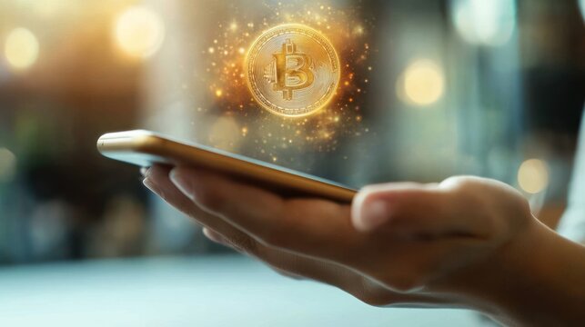 Hands holding phone, Bitcoin graphic