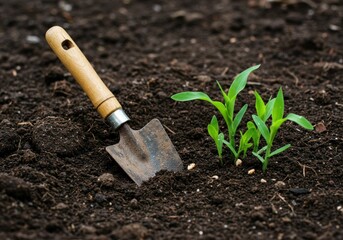 Small trowel in dark soil with young sprouts