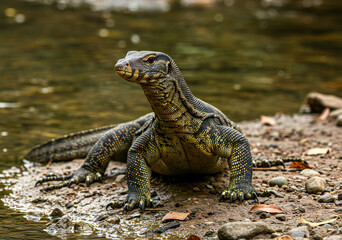 Obraz premium 32K Realistic Wildlife Portrait of Water Monitor Lizard in Natural River Habitat