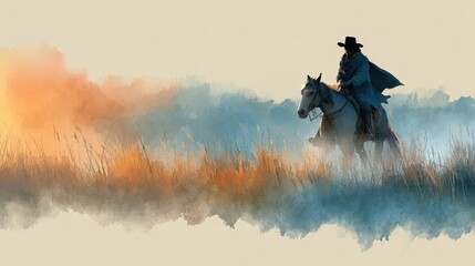 Fototapeta premium Silhouetted cowboy rides a horse through tall grass at sunset with mist and warm light creating a peaceful western scene.