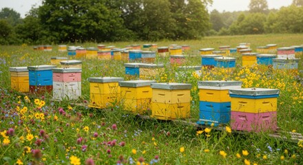 Fototapeta premium Colorful beehives in a vibrant meadow