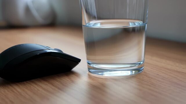 Water glass and computer mouse on wooden table