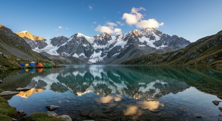 Serene mountain lake at dawn, reflected in calm water, with colorful tents at the shore