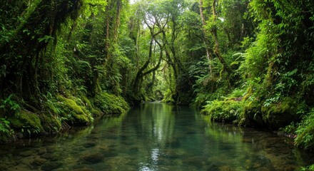 Lush, verdant jungle valley with a clear, reflecting stream