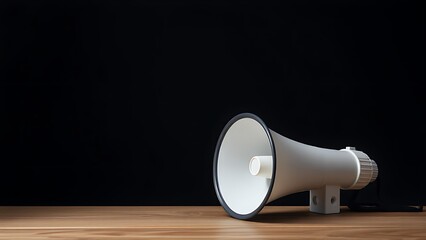 Megaphone on wooden surface symbolizing communication in a dark setting.