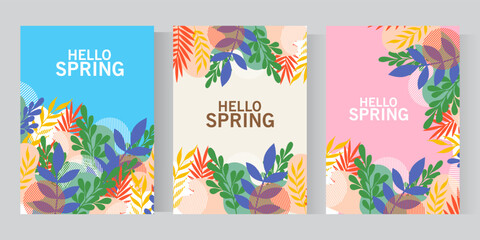 Spring and summer card templates with nature elements. Floral background with a of wild leaves flowers for mothers day, easter, birthday, card, banner, invitation, social media post, poster, design