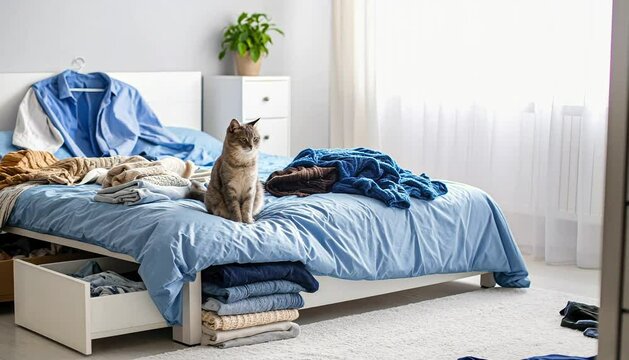 Tabby cat sitting calmly on a bed with messy clothes in a bedroom