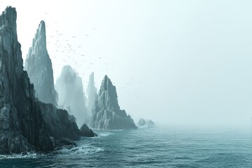 Mystical Foggy Seascape with Dramatic Rocky Cliffs and Soaring Birds at Dawn