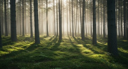 Obraz premium Sunlight filters through a misty pine forest. Shadows stretch across a bed of moss