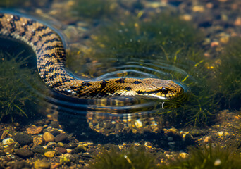 Fototapeta premium Snake Swimming Beneath Clear Freshwater River Among Aquatic Plants