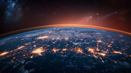 Fototapeta premium Earth at night; city lights glow below curved horizon, dark sky and space above