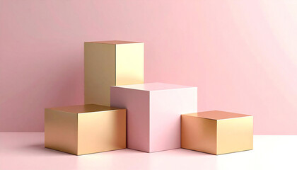 Fototapeta premium 金とピンクの幾何学の物体がある空間。3D。立体的なブロックスタイル。Space with gold and pink geometric objects. 3D. Three-dimensional block style.