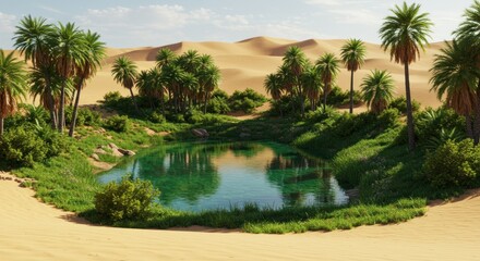 Oasis in the desert. Lush green vegetation surrounds a tranquil pool of water, reflecting the sky and surrounding palm trees.  Golden sand dunes rise in the background