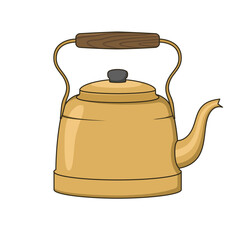 Antique gold kettle with wooden handle. Vector design