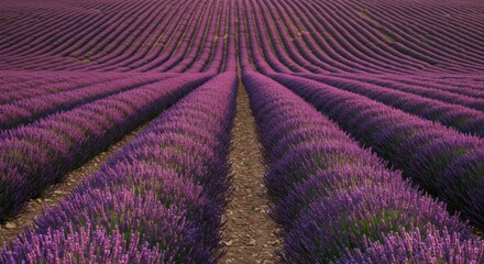 Vast lavender field, rows of vibrant purple