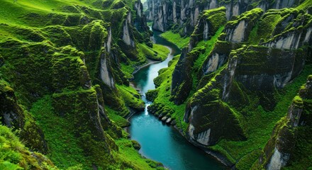 Fototapeta premium Canyon with winding river, lush green slopes