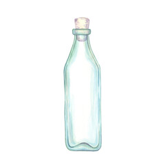 Bottle, a green glass vessel closed with a stopper, beach decoration, ocean shore souvenir, pastel colors on white background. Single isolated object. Hand drawn watercolor illustration