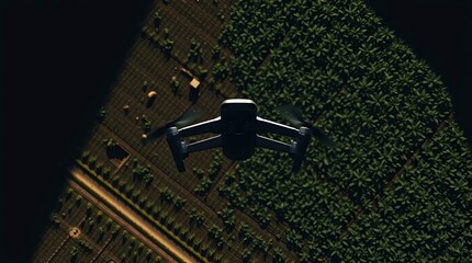Smart farming technology featuring an intense top-down view of a drone surveying farmland with deep shadows.