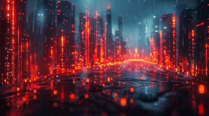 Abstract, blurry cityscape glows red against a dark, misty backdrop