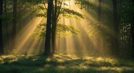 Sunlight streams through misty forest