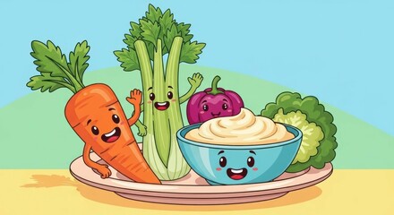 Cartoon vegetable characters with a bowl of dip on a plate