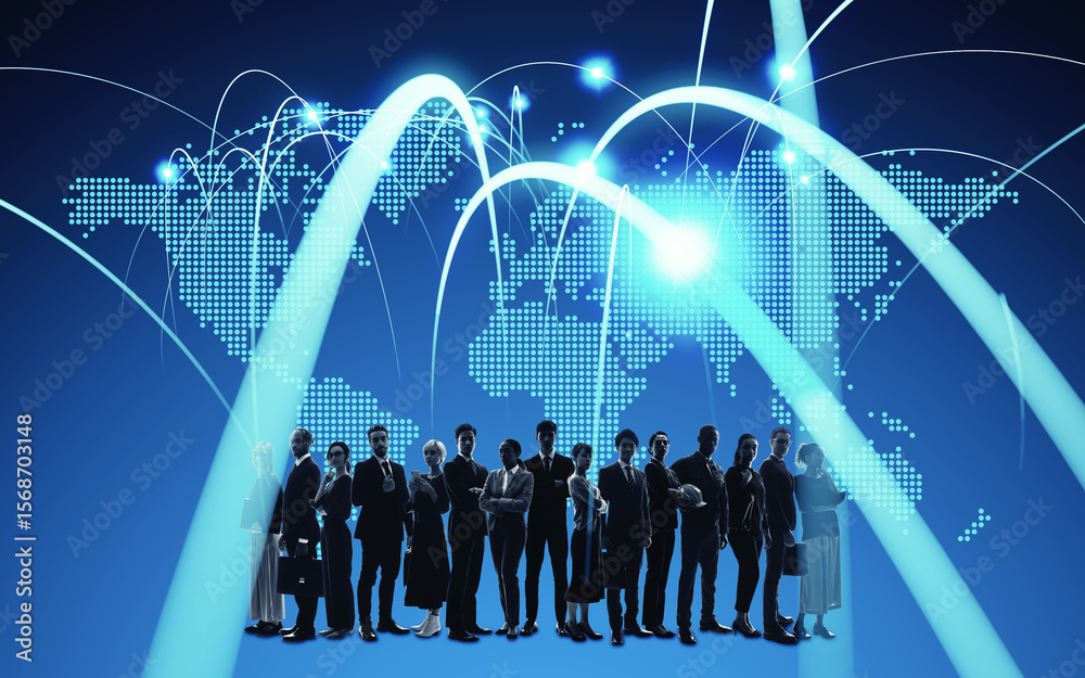 Poster world map and network of multinational people. wide angle visual for banners or advertisements.