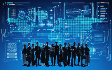 World map and people of different nationalities. Wide angle visual for banners or advertisements.