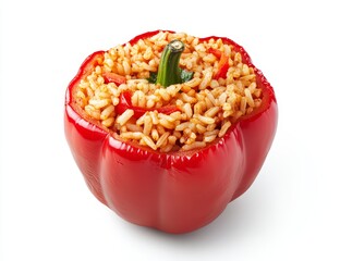 Red bell pepper stuffed with seasoned rice and vegetables.