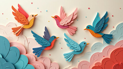 Colorful paper birds flying over layered pastel clouds in a whimsical sky.