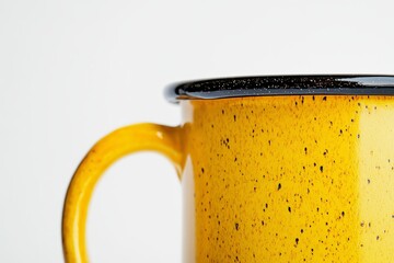 Close-up of a speckled yellow enamel mug with a dark rim and handle.