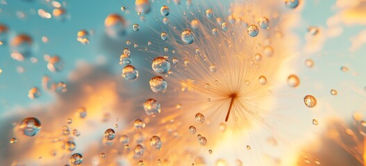 Dandelion seed head with water drops against a sunset sky.