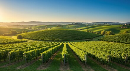 Lush vineyard rows stretch across rolling hills at dawn