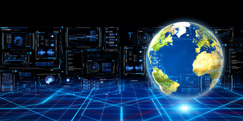 Earth and Digital Technology. Wide angle visual for banners or advertisements.