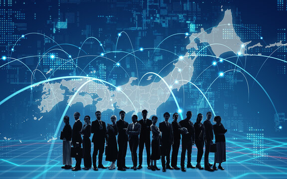 日本地図と多国籍の人々　バナー・広告向け横長ビジュアル - Powered by Adobe