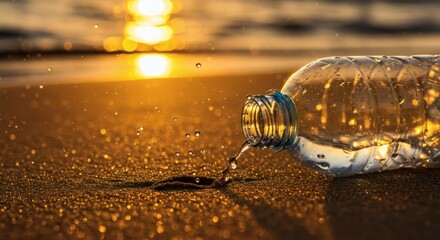 Macro Shot of Water Bottle on Sandy Beach at Sunset – Suspended Droplets in Golden Light Highlight Nature and Eco Awareness