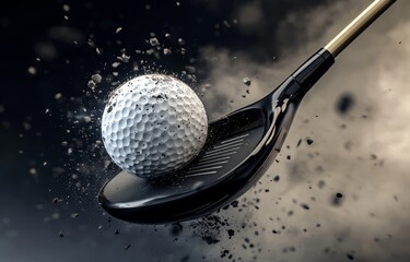 Golf ball impacting club face, dramatic action shot with debris.