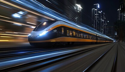 High-speed train speeding through city at night.