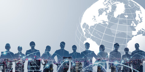 World map and people of different nationalities. Wide angle visual for banners or advertisements.