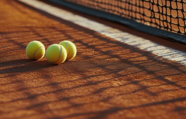 Three tennis balls rest near the net on a clay court in the afternoon sun.