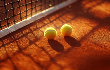 Two tennis balls on a clay court near the net at sunset.