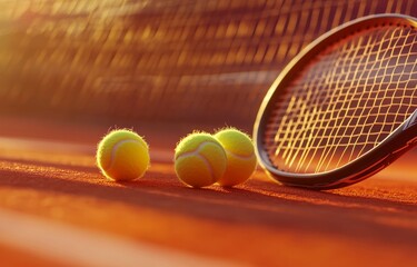 Tennis racket and balls on clay court at sunset.