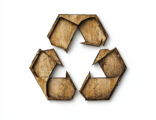 Rustic wooden recycling symbol on white background.
