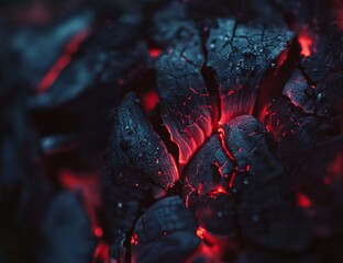 Glowing embers close-up, showing red-hot coals and dark charcoal texture.
