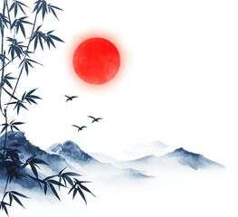 Ink wash painting of bamboo, mountains, birds, and a red sun.