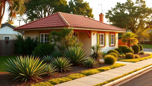 Charming single-story house with a terracotta roof and lush garden in warm afternoon light.
