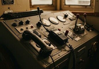 Close-up of a vintage ship's control panel.  Gray metal console with various controls, gauges, and communication devices