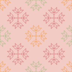 Seamless pattern design. Detailed vector illustration for textile design. Cross stitch pattern. Geometric pattern. Tribal pattern. Pixel art design.