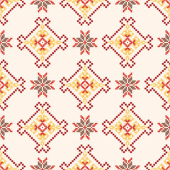 Seamless pattern design. Detailed vector illustration for textile design. Cross stitch pattern. Geometric pattern. Tribal pattern. Pixel art design.