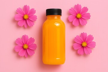 Bright Orange Juice Bottle Surrounded by Pink Flowers on a Pastel Background