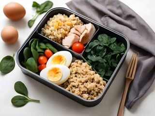 Protein-packed bento box background with lean chicken, spinach, quinoa, and boiled egg in a health-conscious layout